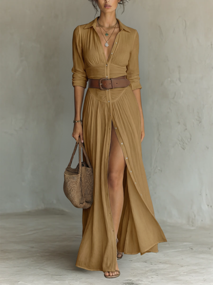 Marina - Vestido maxi femenino camisero de lino y algodón de Valerina Milano