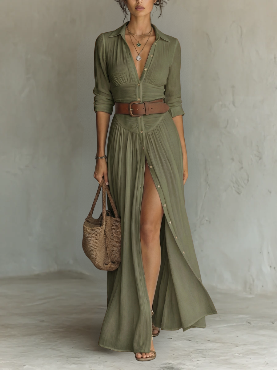 Vestido maxi de lino con cuello solapa y manga larga