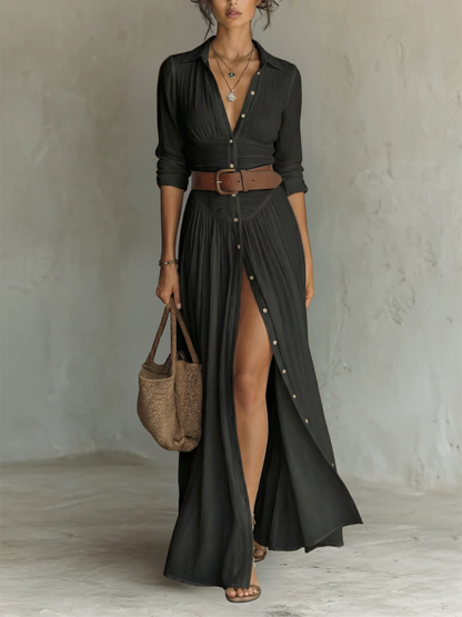 Vestido maxi de lino con cuello solapa y manga larga