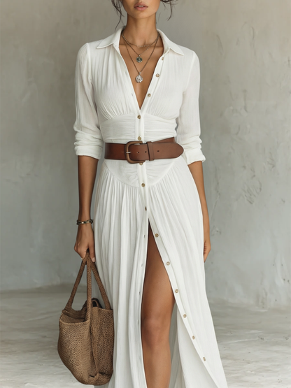 Vestido maxi de lino con cuello solapa y manga larga