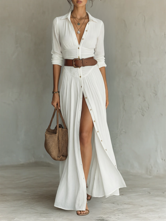 Vestido maxi de lino con cuello solapa y manga larga