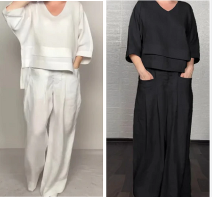 💎 Conjunto 2 Piezas de Algodón y Lino con Bajo Irregular – Top Escote en V + Pantalón Ancho, Transpirable y Elegante sin Esfuerzo 🍂👚
