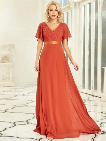 MONICA | Vestido largo de dama de honor con cintura imperio y mangas cortas fluidas