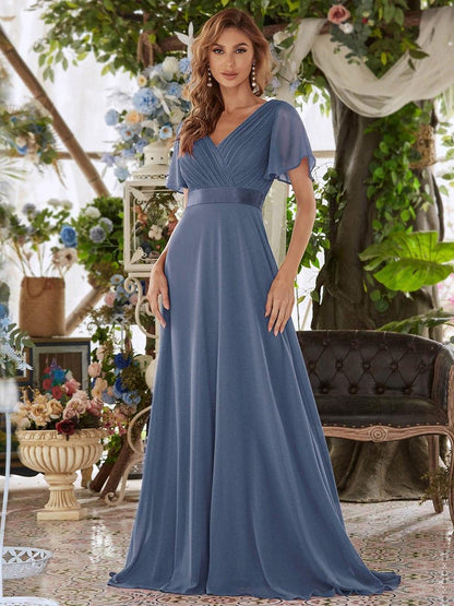 MONICA | Vestido largo de dama de honor con cintura imperio y mangas cortas fluidas