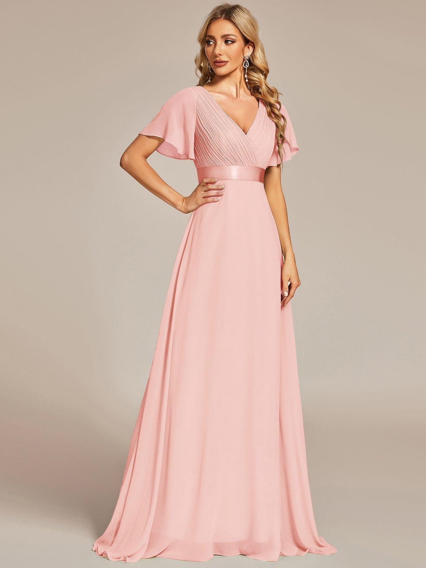 MONICA | Vestido largo de dama de honor con cintura imperio y mangas cortas fluidas