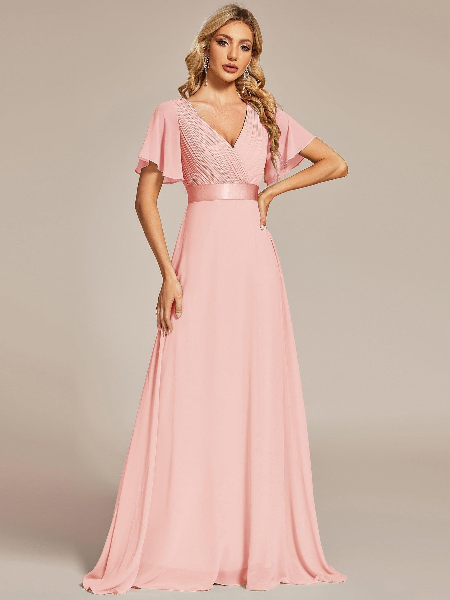 MONICA | Vestido largo de dama de honor con cintura imperio y mangas cortas fluidas