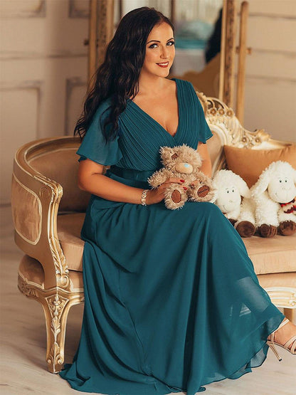 MONICA | Vestido largo de dama de honor con cintura imperio y mangas cortas fluidas