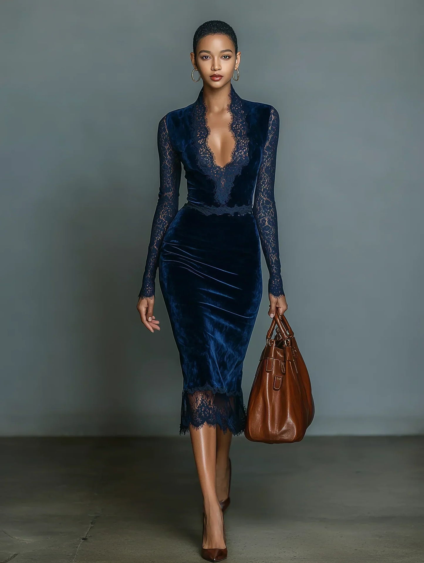 Vestido midi de terciopelo azul con escote en V y encaje
