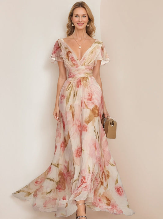 Vestido con escote en V, manga corta, estampado floral y volantes