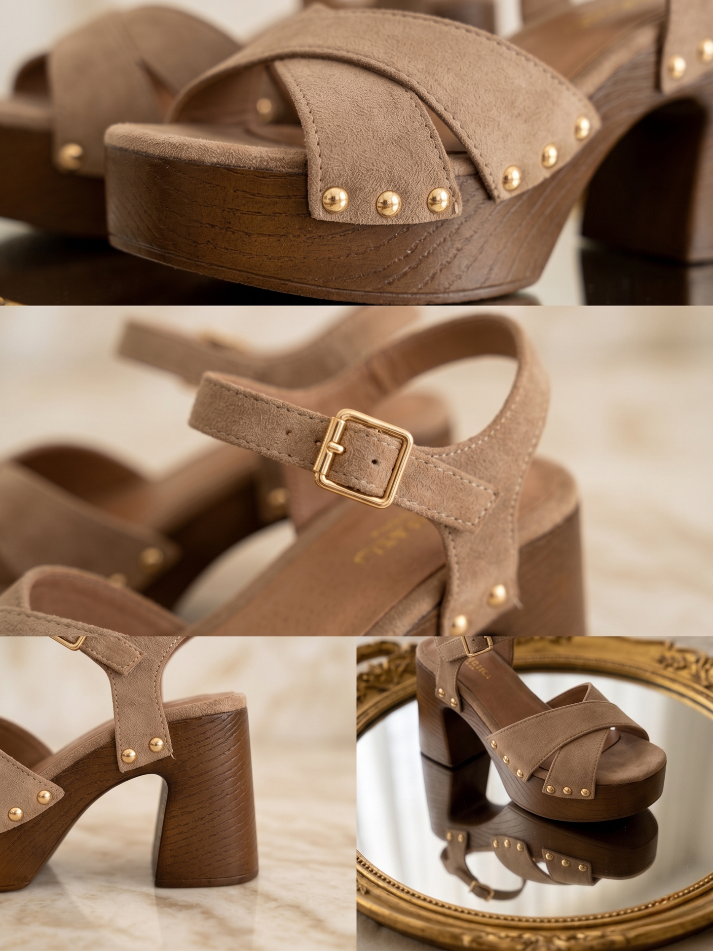 Sandalias Gaia — taupe, tiras cruzadas y tachuelas doradas