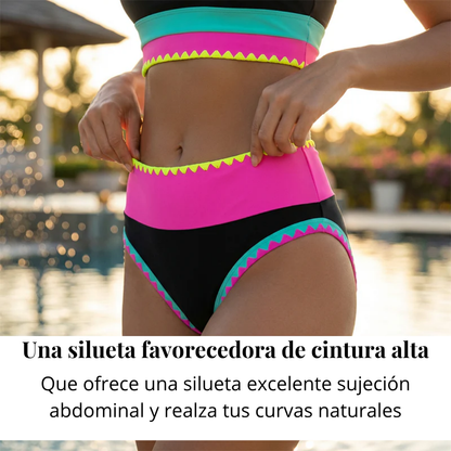 👙🌊 Conjunto de Bikini 3 Piezas – Cintura Alta, Color Block y Diseño en Zigzag para Playa y Vacaciones