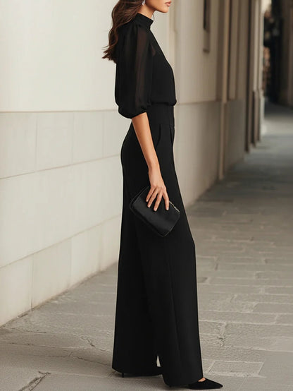 Valentina · Conjunto negro de tres piezas con top transparente y pantalón de pierna ancha