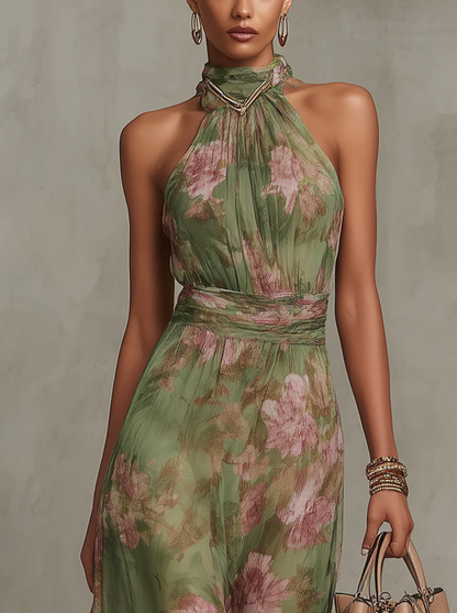 Serena ∙ Vestido largo verde floral de gasa con escote halter