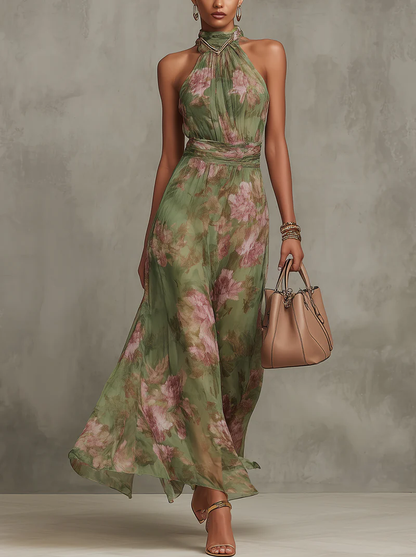 Serena ∙ Vestido largo verde floral de gasa con escote halter