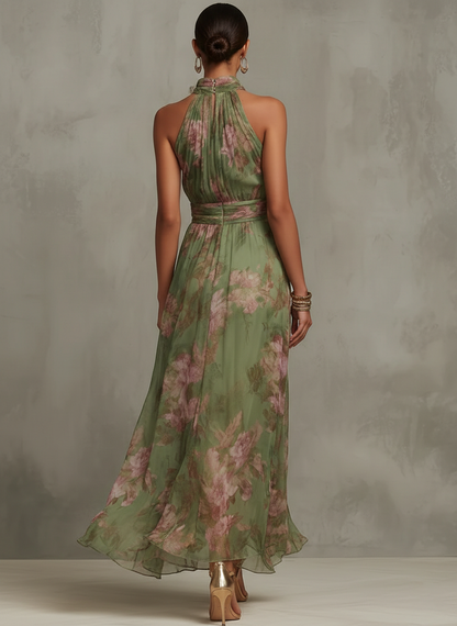 Serena ∙ Vestido largo verde floral de gasa con escote halter