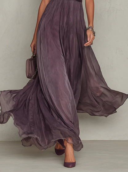 Flavia - Vestido largo violeta con escote lágrima y borde de encaje en chifón