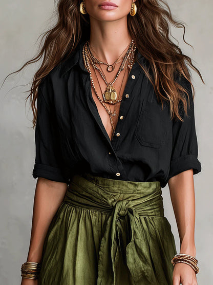 Vera™ | Conjunto de camiseta negra y falda midi verde oliva