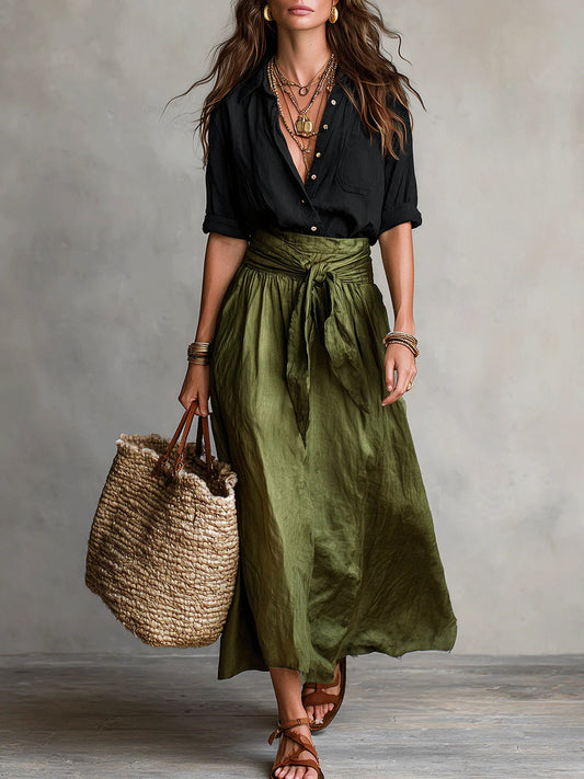 Vera™ | Conjunto de camiseta negra y falda midi verde oliva