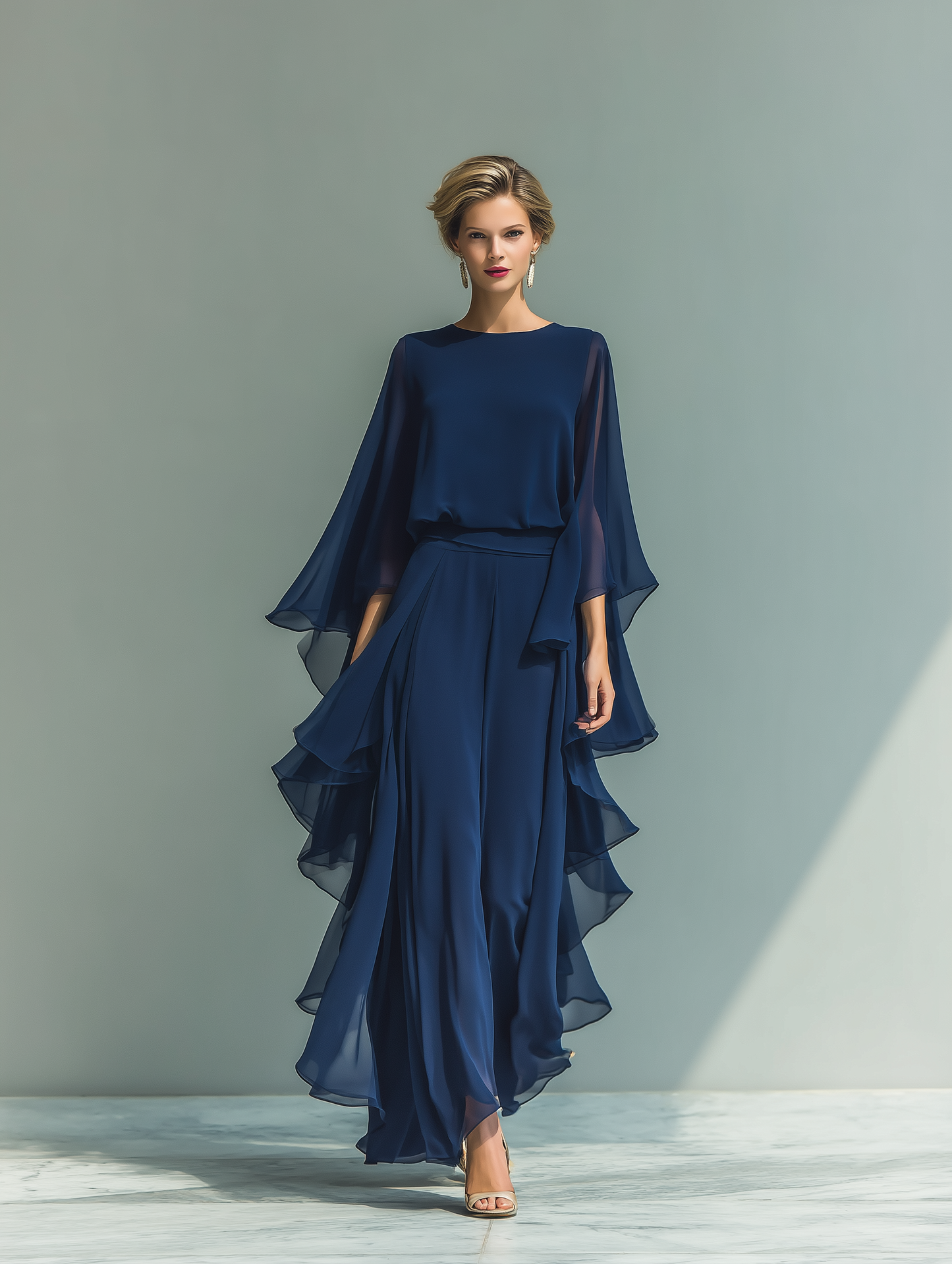 Conjunto azul marino de gasa con volantes