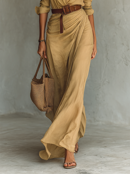 Vestido maxi largo con cuello de solapa y manga larga para mujer