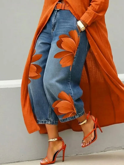 Maria | Conjunto Camisa Larga y Jeans Florales