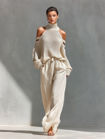 MARIA | Conjunto de punto con parte superior de cuello alto y hombros descubiertos + pantalón ancho