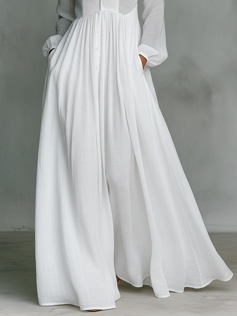 Vestido maxi de lino con patchwork y cuello alto