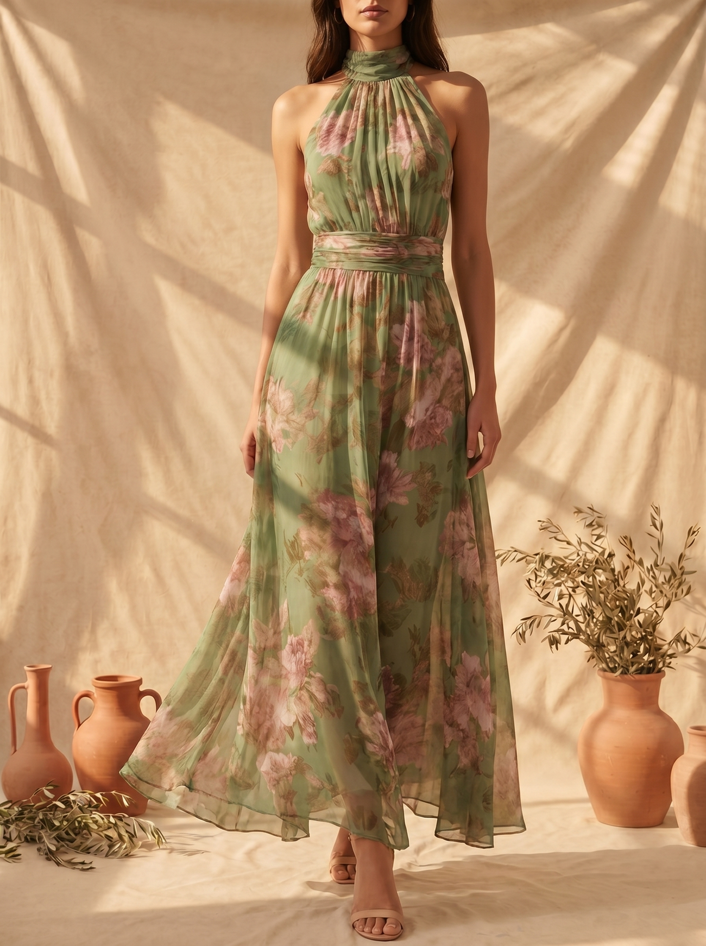 Livia | Vestido maxi halter floral elegante