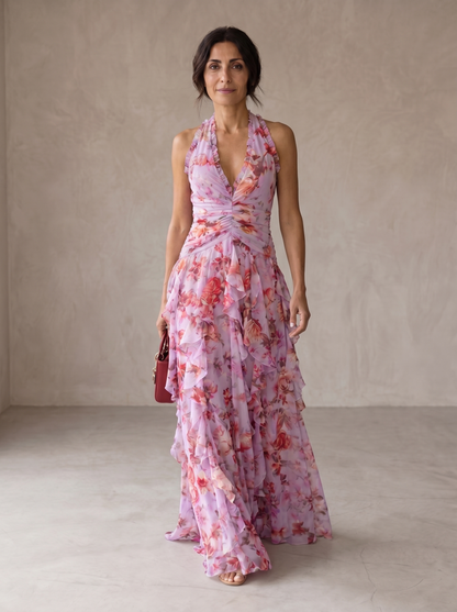 Belladina | Vestido largo romántico con cascada de rosas y cuello halter