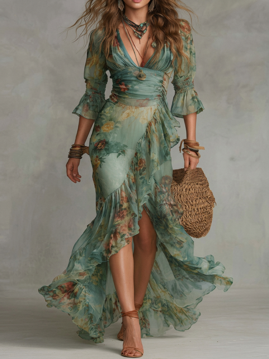Vestido maxi de chifón verde hierba con volantes irregulares y abertura