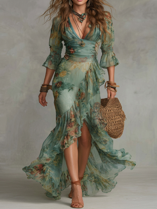 Vestido maxi de chifón verde hierba con volantes irregulares y abertura