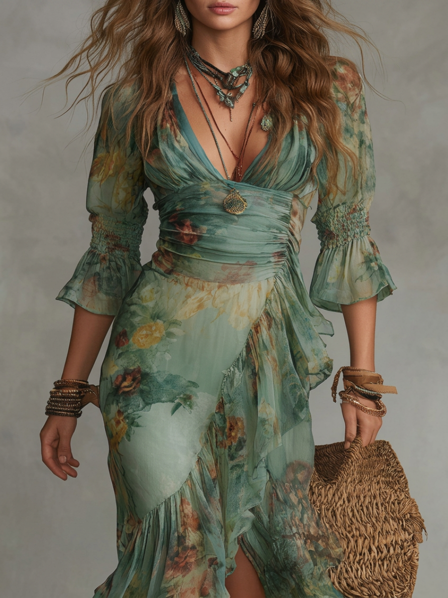 Vestido maxi de chifón verde hierba con volantes irregulares y abertura