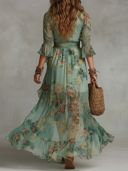 Vestido maxi de chifón verde hierba con volantes irregulares y abertura