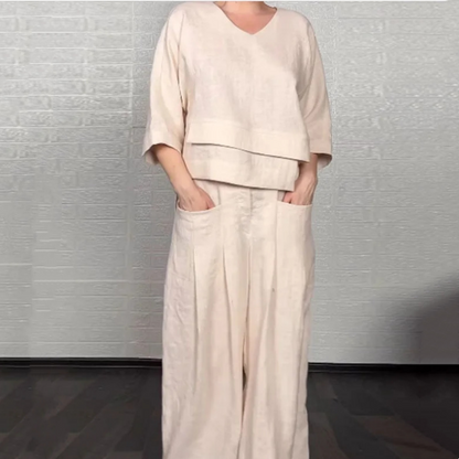 💎 Conjunto 2 Piezas de Algodón y Lino con Bajo Irregular – Top Escote en V + Pantalón Ancho, Transpirable y Elegante sin Esfuerzo 🍂👚