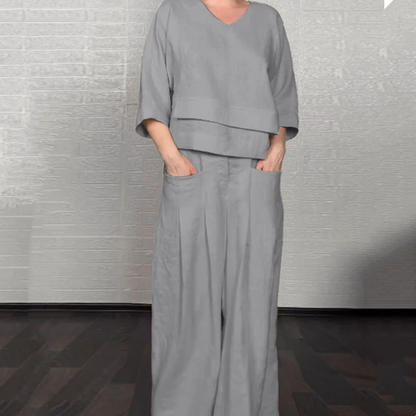 💎 Conjunto 2 Piezas de Algodón y Lino con Bajo Irregular – Top Escote en V + Pantalón Ancho, Transpirable y Elegante sin Esfuerzo 🍂👚