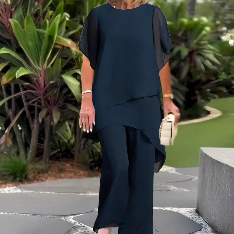 Conjunto de dos piezas para mujer: encantador top asimétrico y pantalón de pierna ancha