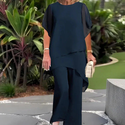 Conjunto de dos piezas para mujer: encantador top asimétrico y pantalón de pierna ancha