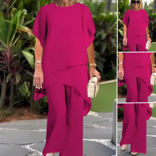 Conjunto de dos piezas para mujer: encantador top asimétrico y pantalón de pierna ancha
