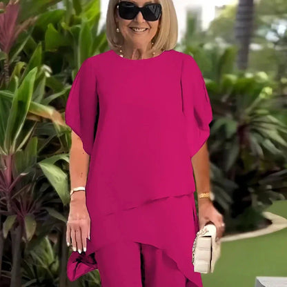Conjunto de dos piezas para mujer: encantador top asimétrico y pantalón de pierna ancha