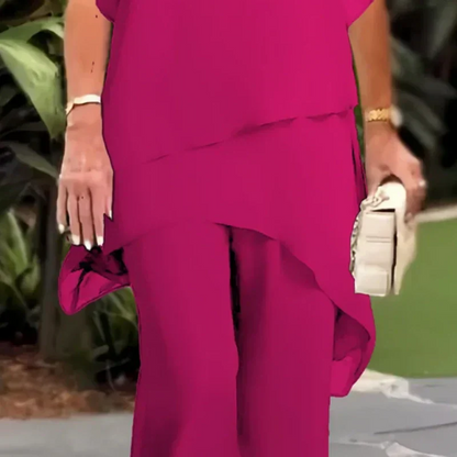 Conjunto de dos piezas para mujer: encantador top asimétrico y pantalón de pierna ancha