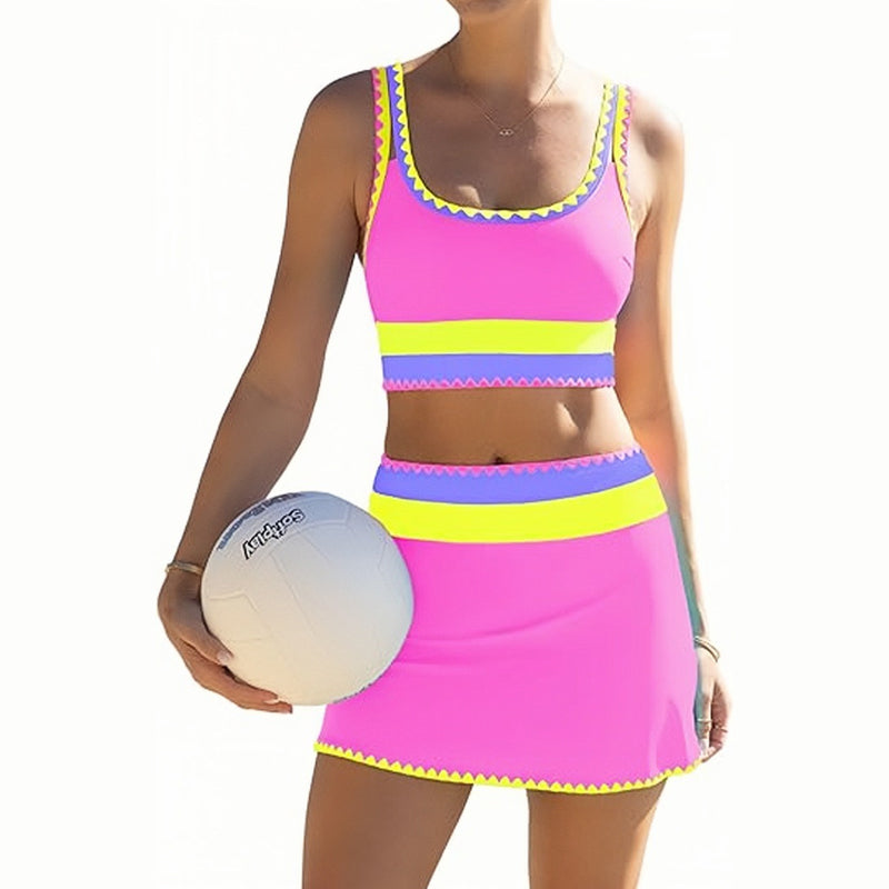 👙🌊 Conjunto de Bikini 3 Piezas – Cintura Alta, Color Block y Diseño en Zigzag para Playa y Vacaciones
