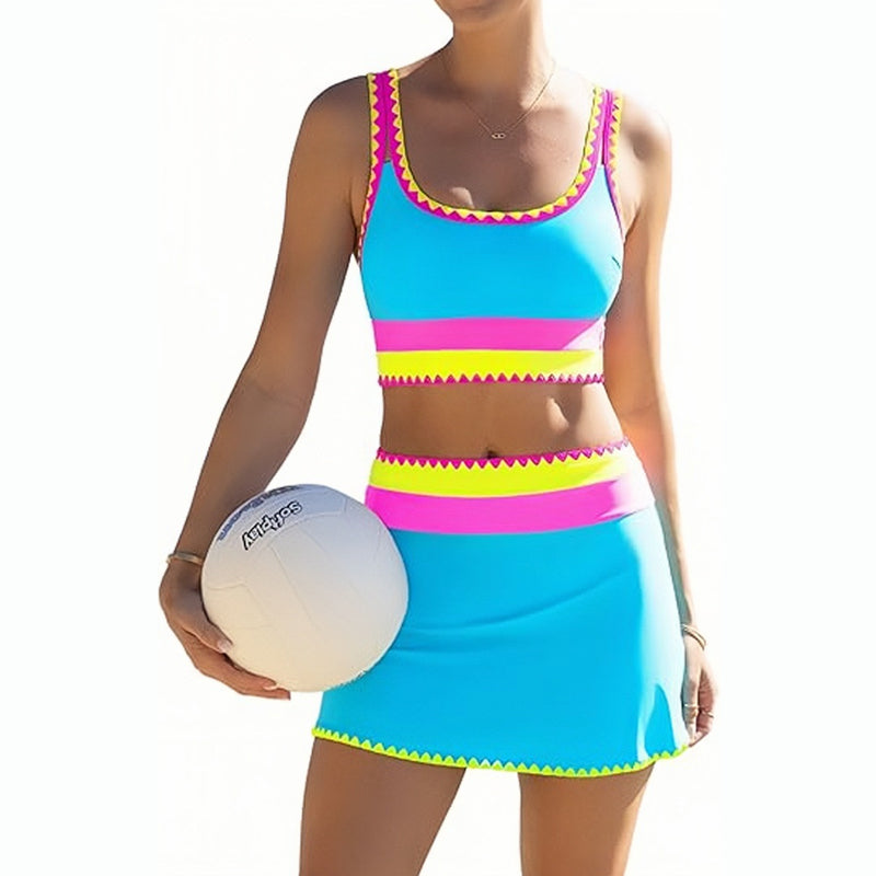 👙🌊 Conjunto de Bikini 3 Piezas – Cintura Alta, Color Block y Diseño en Zigzag para Playa y Vacaciones
