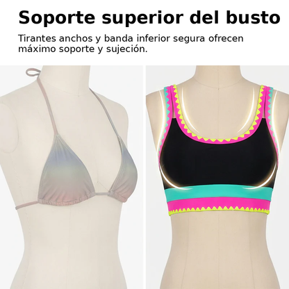 👙🌊 Conjunto de Bikini 3 Piezas – Cintura Alta, Color Block y Diseño en Zigzag para Playa y Vacaciones