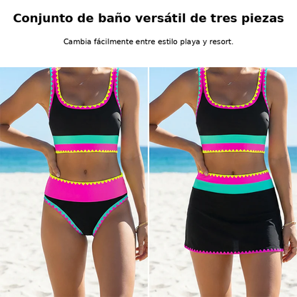 👙🌊 Conjunto de Bikini 3 Piezas – Cintura Alta, Color Block y Diseño en Zigzag para Playa y Vacaciones